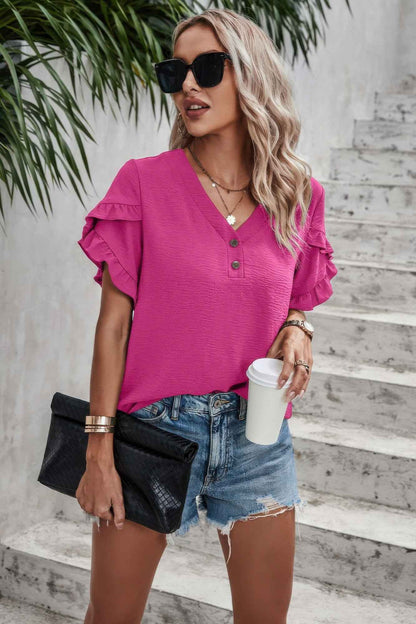 Ruffle Solid V Neck Short Sleeve Tunic Shirt