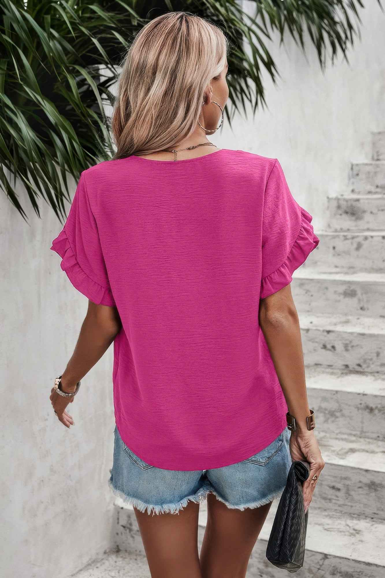 Ruffle Solid V Neck Short Sleeve Tunic Shirt