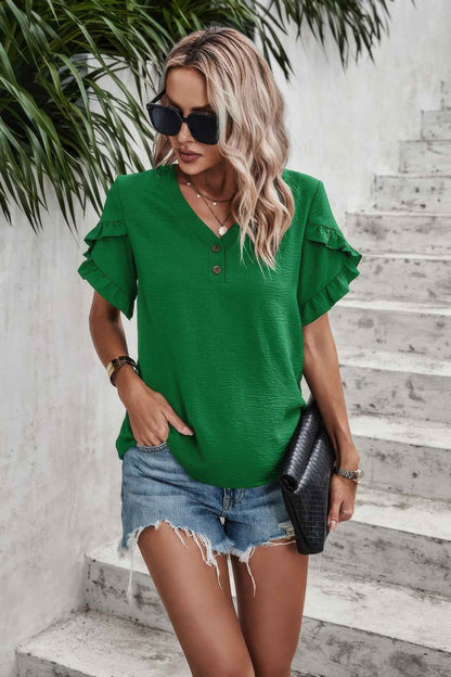 Ruffle Solid V Neck Short Sleeve Tunic Shirt