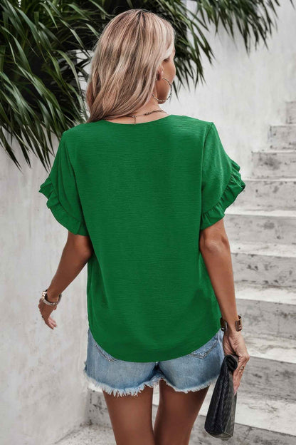 Ruffle Solid V Neck Short Sleeve Tunic Shirt