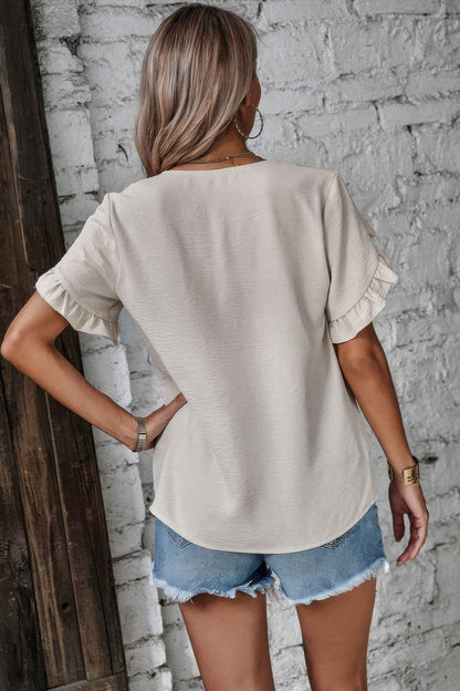 Ruffle Solid V Neck Short Sleeve Tunic Shirt
