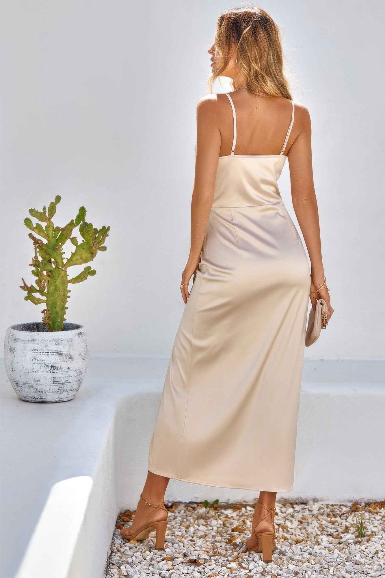 Spaghetti Strap Cowl Neck Split Midi Slit Dress