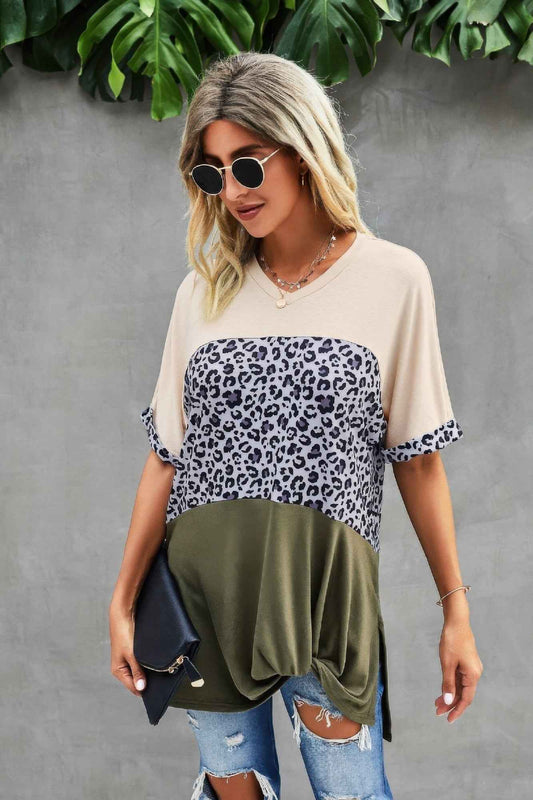 Crew Neck Color Block Animal Print Top