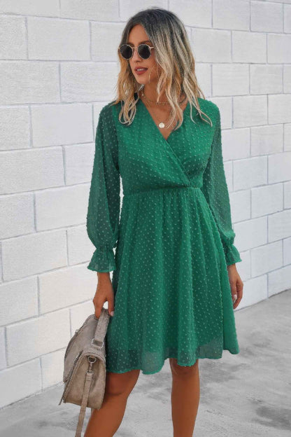 Solid Swiss Dot Flounce Sleeve Shirred Midi Dress