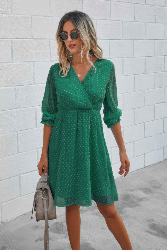 Solid Swiss Dot Flounce Sleeve Shirred Midi Dress