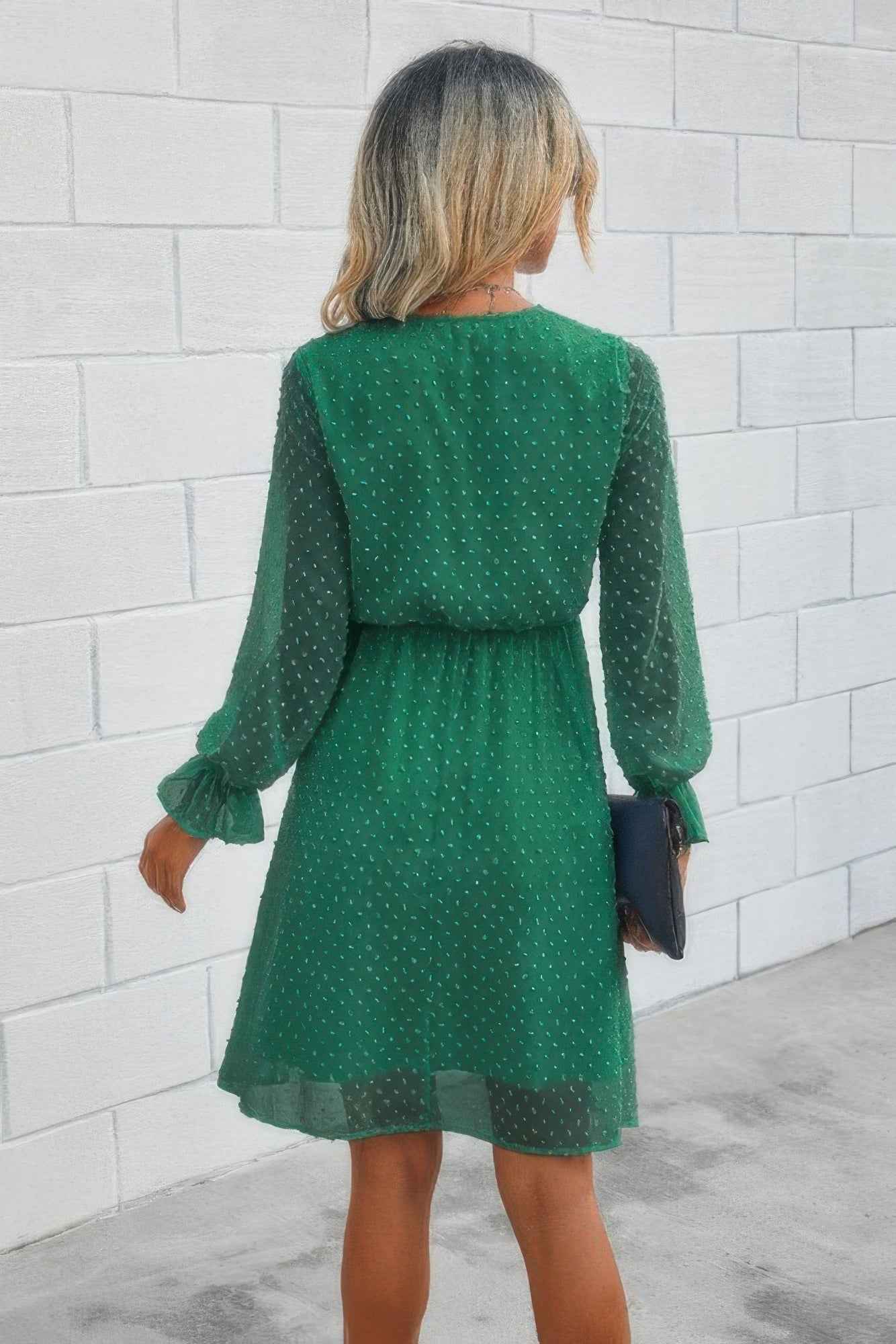 Solid Swiss Dot Flounce Sleeve Shirred Midi Dress