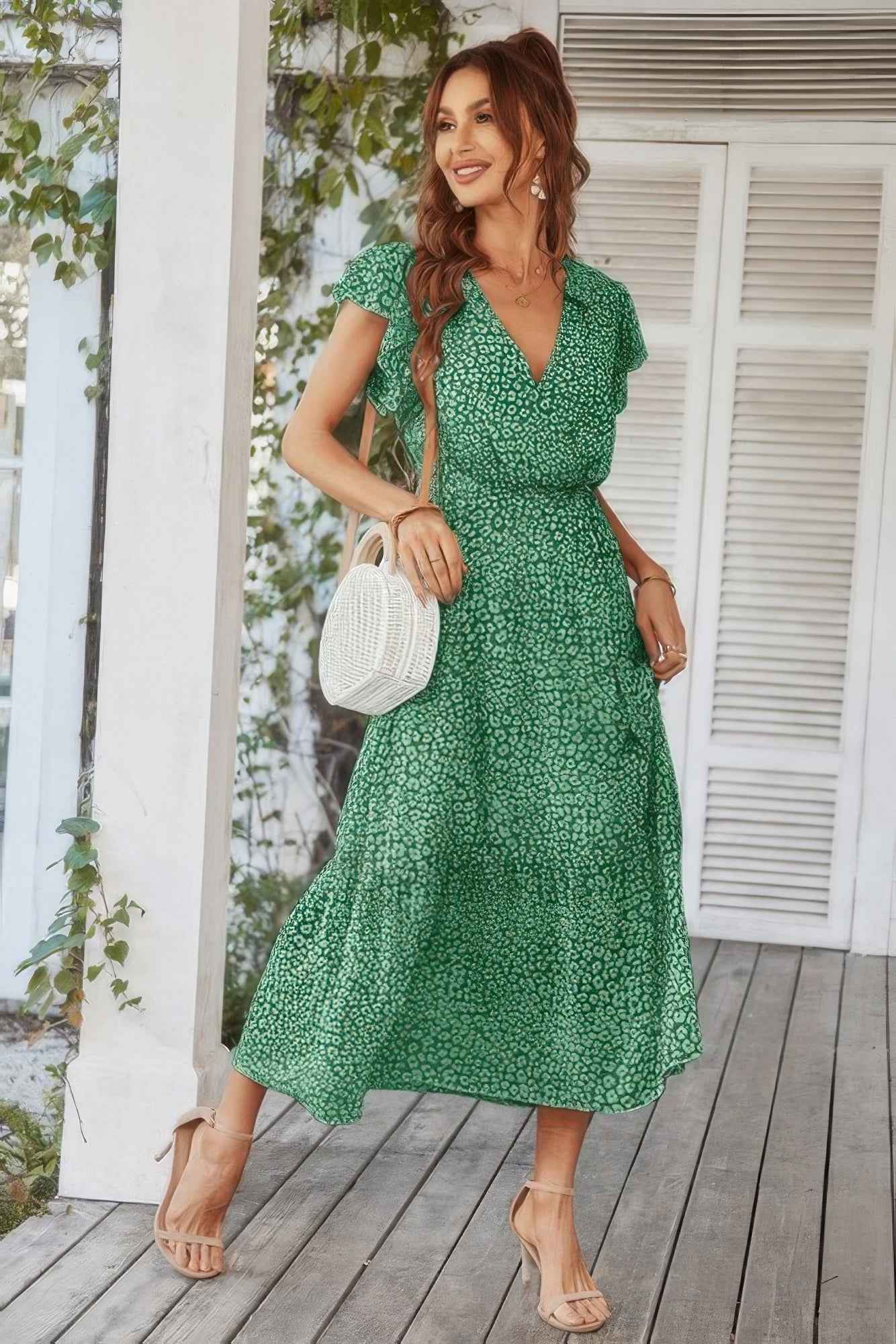 Floral V Neck Ruffle Short Sleeve High Waist Dress