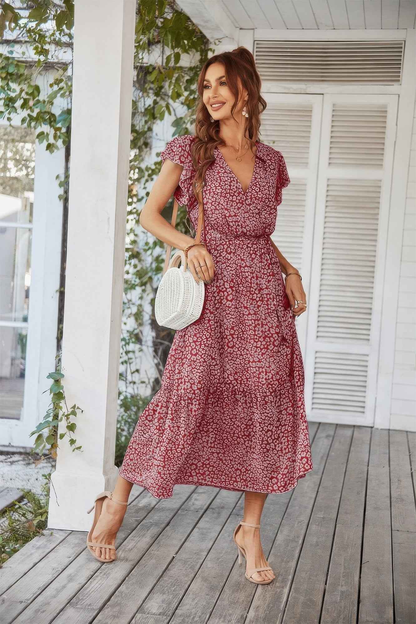 Floral V Neck Ruffle Short Sleeve High Waist Dress