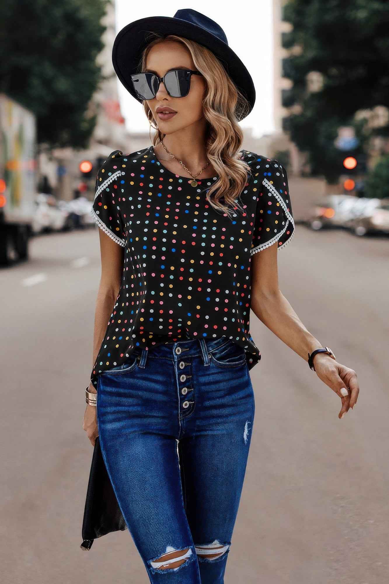 Round Neck Polka Dot Print Petal Sleeve Blouse