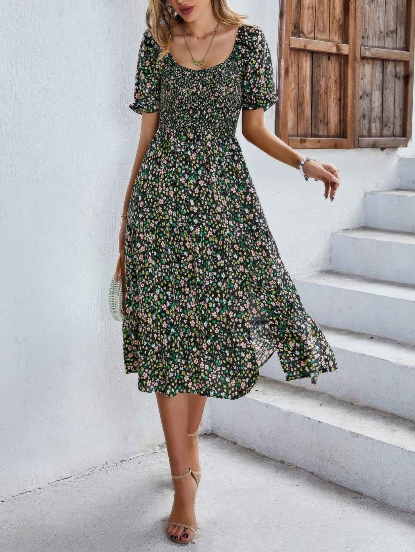 Bohemia Floral Puff Sleeve Flounce Sleeve Dress