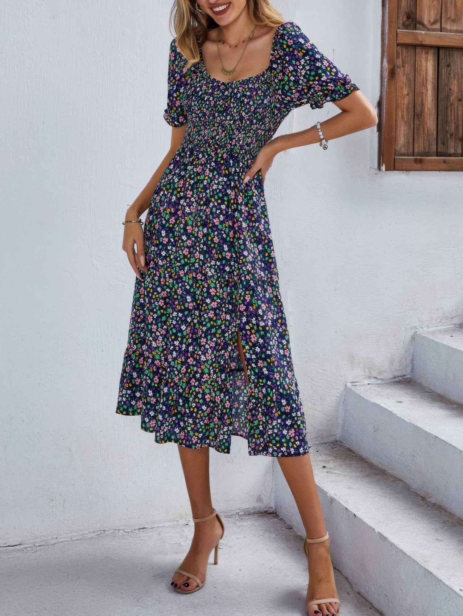 Bohemia Floral Puff Sleeve Flounce Sleeve Dress