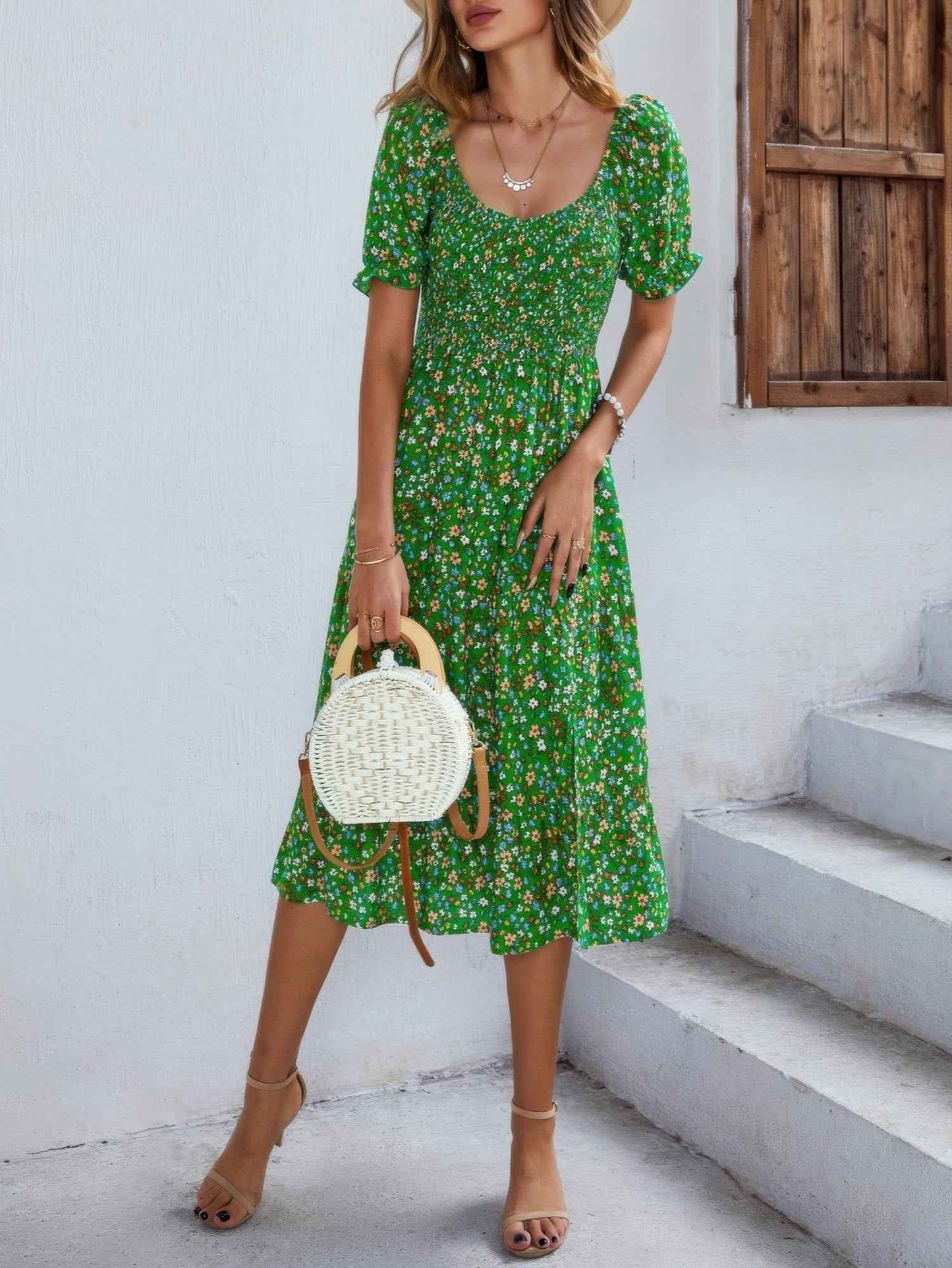 Bohemia Floral Puff Sleeve Flounce Sleeve Dress