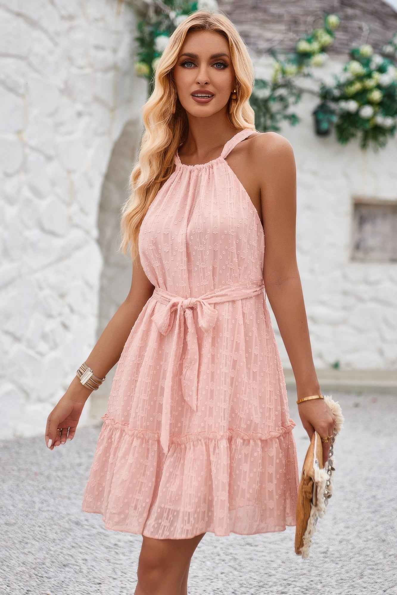 Solid Halter Neck Sleeveless Waist Tie Ruffle Dres