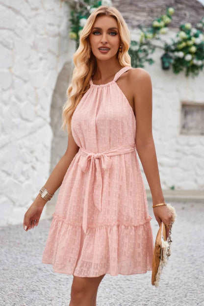 Solid Halter Neck Sleeveless Waist Tie Ruffle Dres