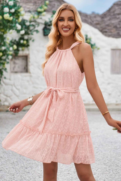 Solid Halter Neck Sleeveless Waist Tie Ruffle Dres