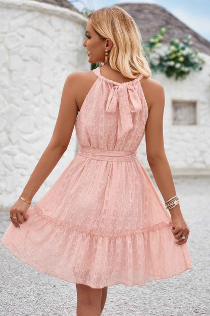 Solid Halter Neck Sleeveless Waist Tie Ruffle Dres