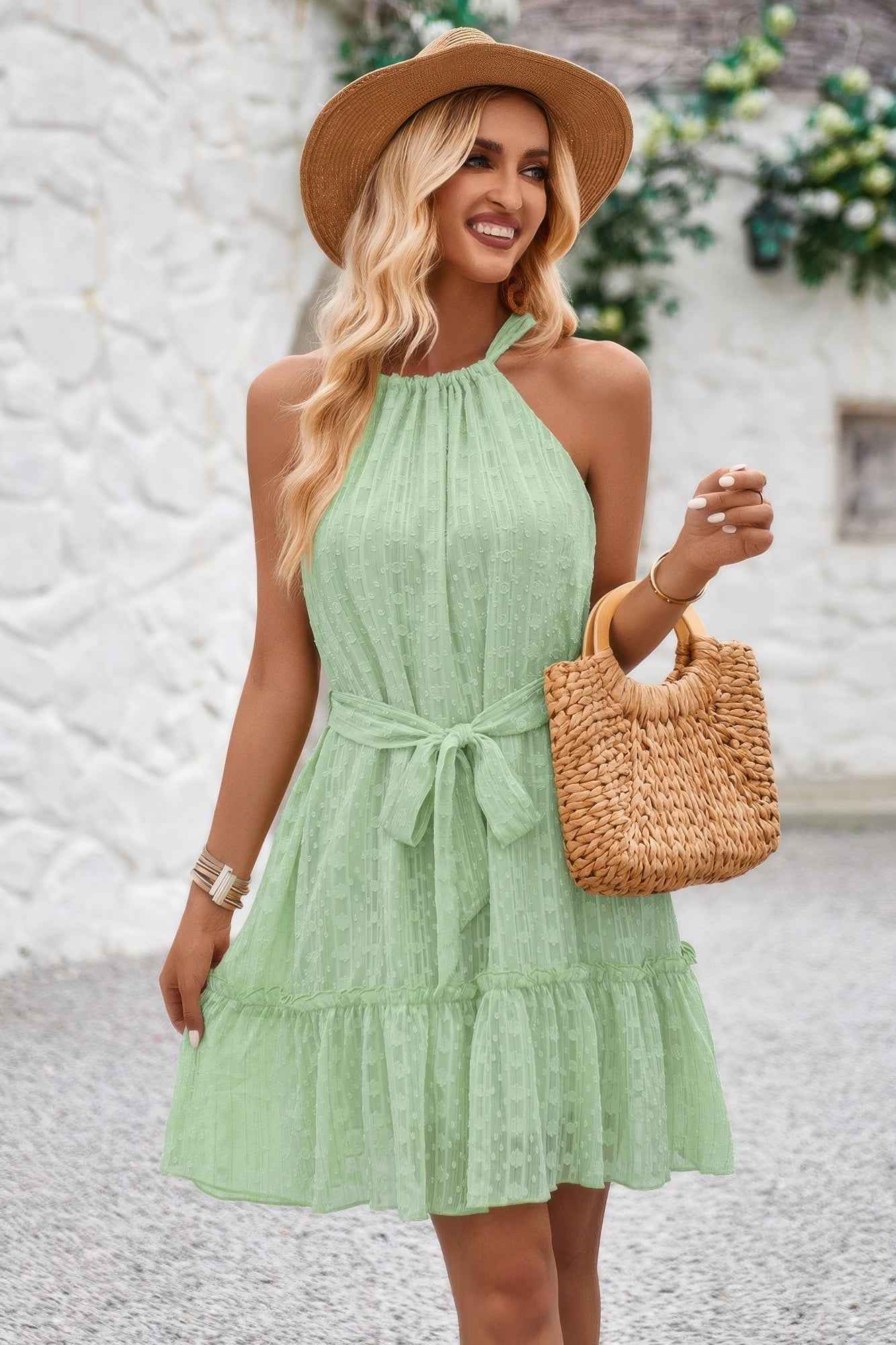 Solid Halter Neck Sleeveless Waist Tie Ruffle Dres