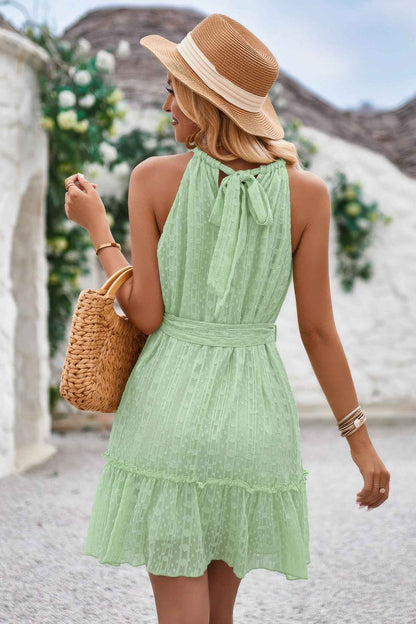 Solid Halter Neck Sleeveless Waist Tie Ruffle Dres
