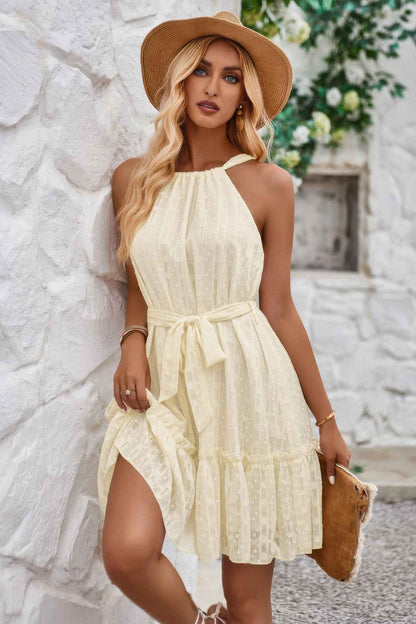 Solid Halter Neck Sleeveless Waist Tie Ruffle Dres