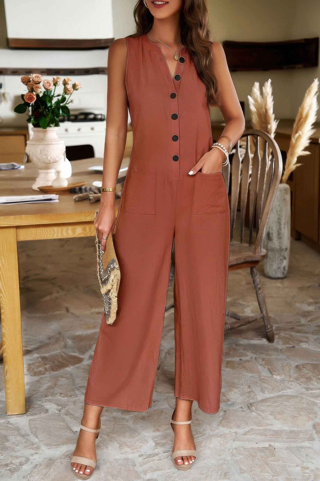V Neck Button Sleeveless Wide Pockets Jumpsuit
