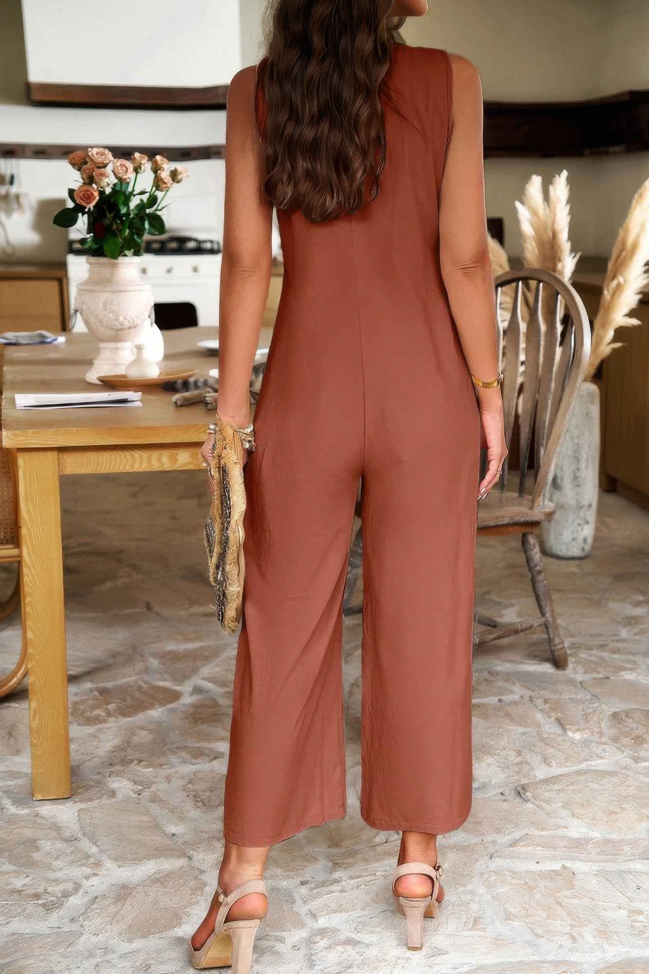 V Neck Button Sleeveless Wide Pockets Jumpsuit