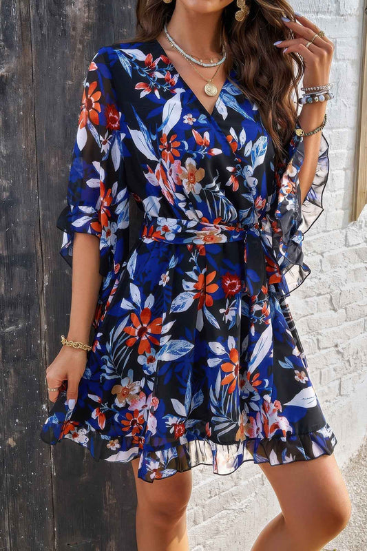 Floral V Neck Waist Tie Ruffle Hem Wrap Dress