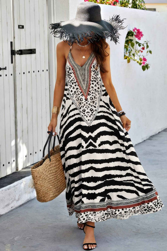 Animal Print Halter Deep V Ruffle Maxi Dress