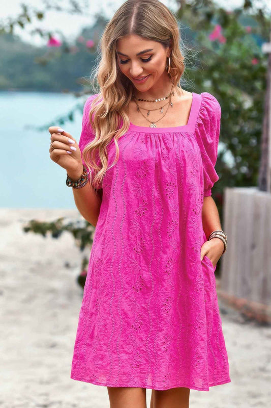 Square Neck Short Bubble Sleeve Babydoll Dress