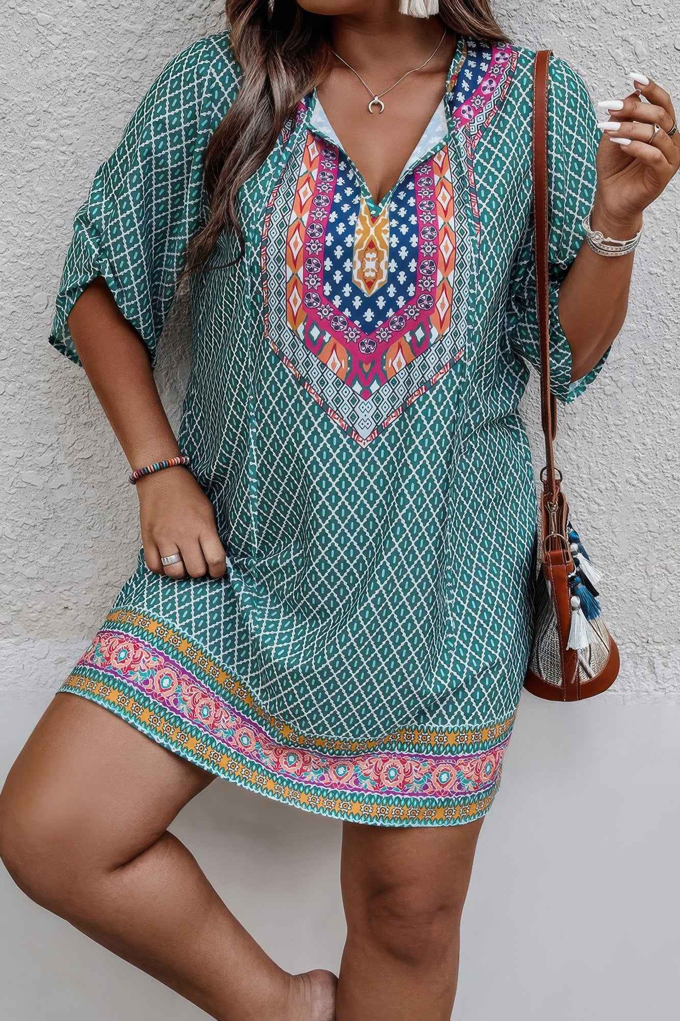 Plus Size V Neck Printed Loose Fit Midi Dress