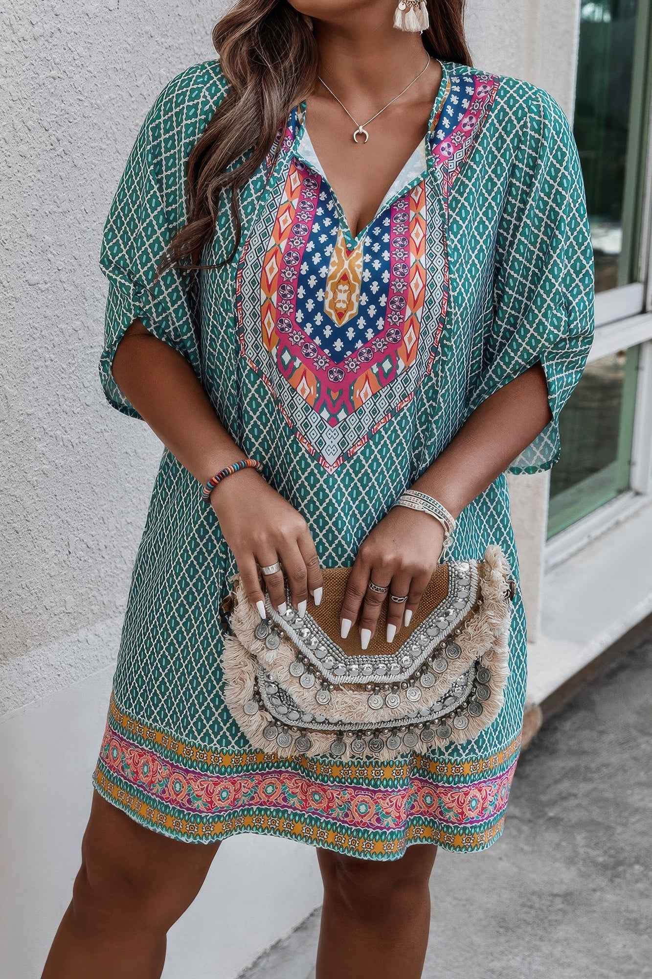 Plus Size V Neck Printed Loose Fit Midi Dress