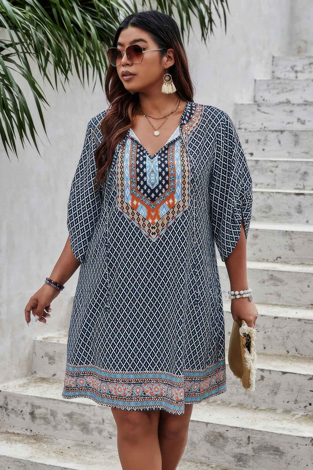 Plus Size V Neck Printed Loose Fit Midi Dress