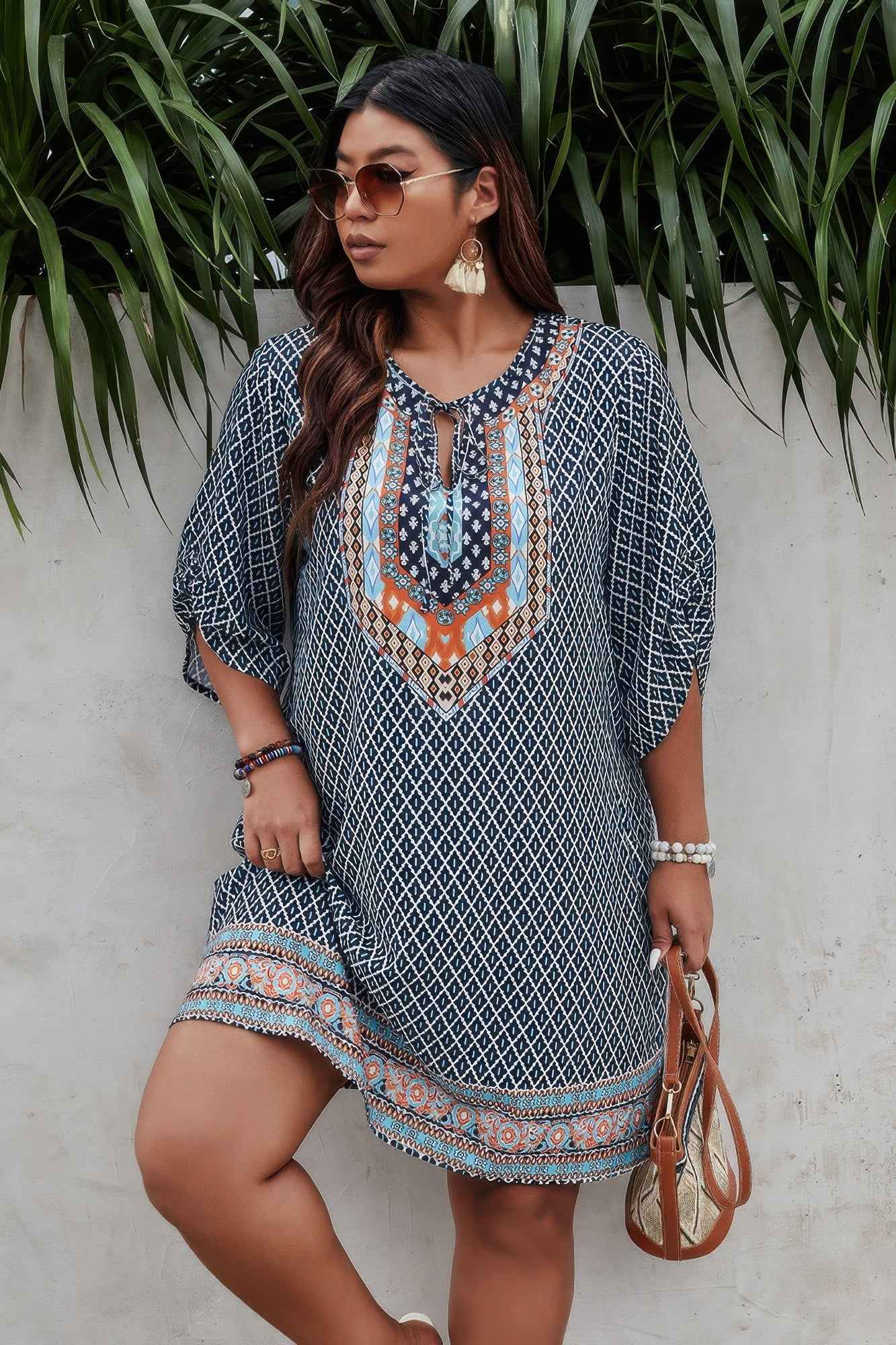 Plus Size V Neck Printed Loose Fit Midi Dress
