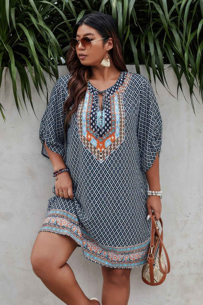 Plus Size V Neck Printed Loose Fit Midi Dress
