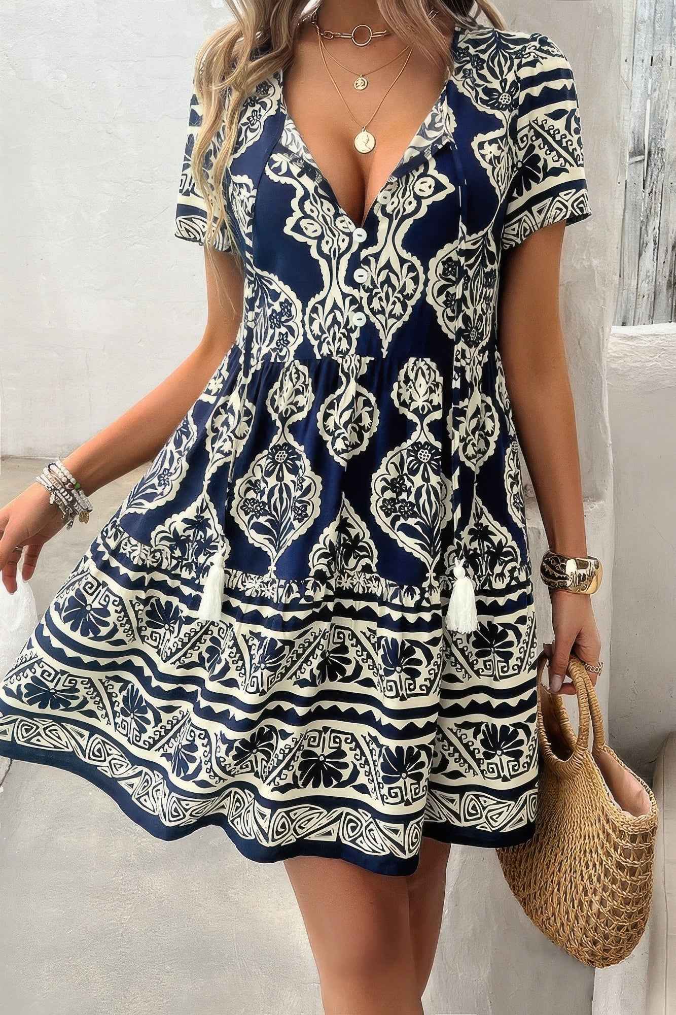 Deep V Neck Allover Print Ruffle Tassel Dress