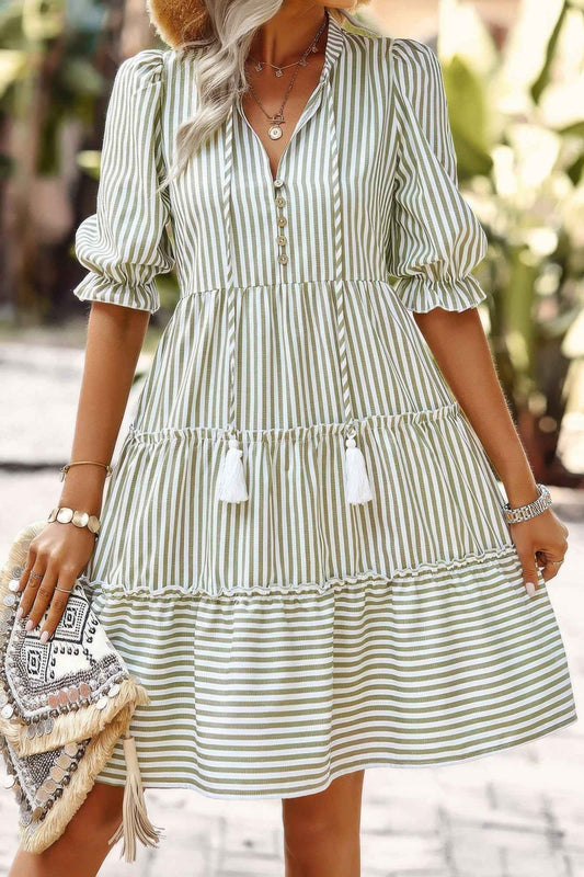Strip V Neck Button Puff Sleeves High Waist Dress