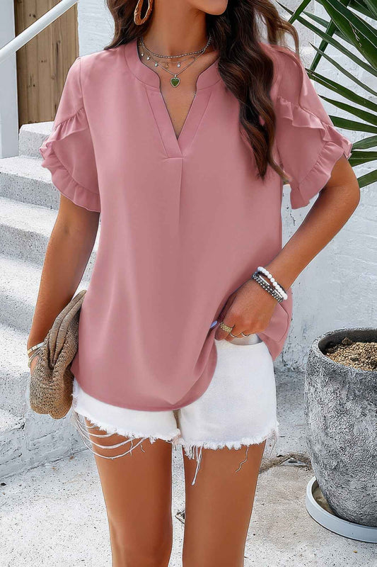 V Neck Ruffle Sleeve Flowy Loose Shirt
