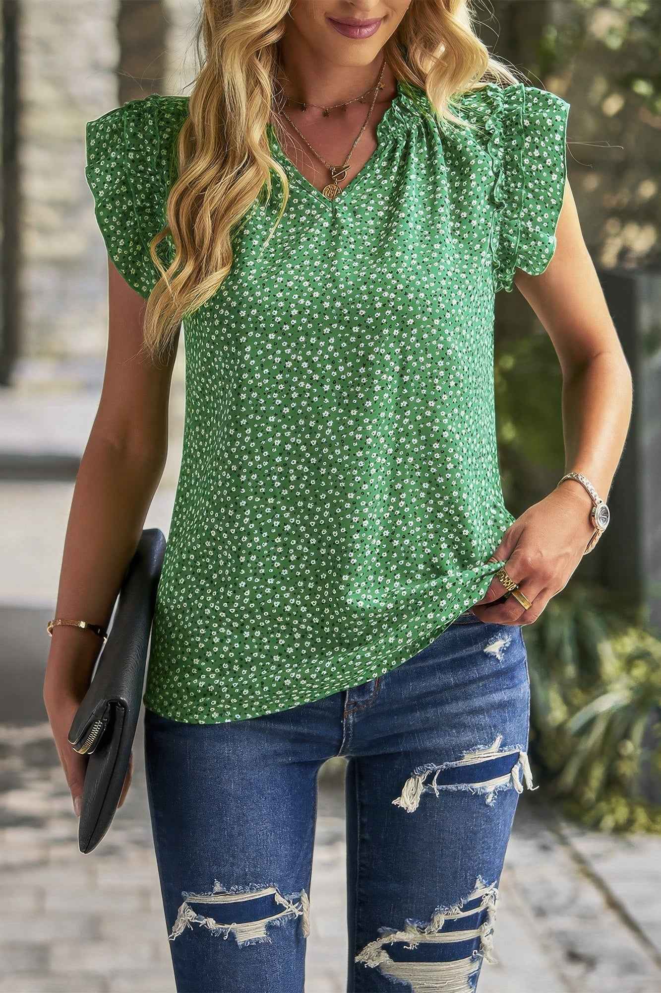Floral Pleated V Neck Flutter Sleeve Pullover Top