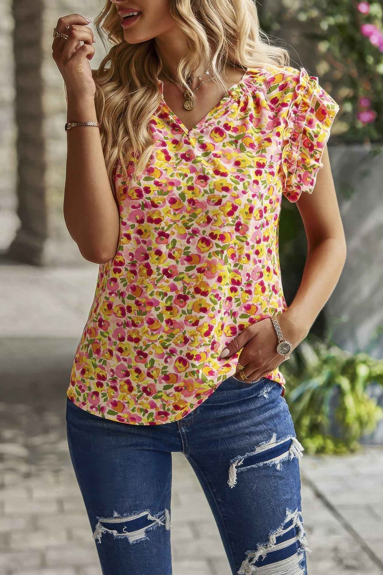 Floral Pleated V Neck Flutter Sleeve Pullover Top