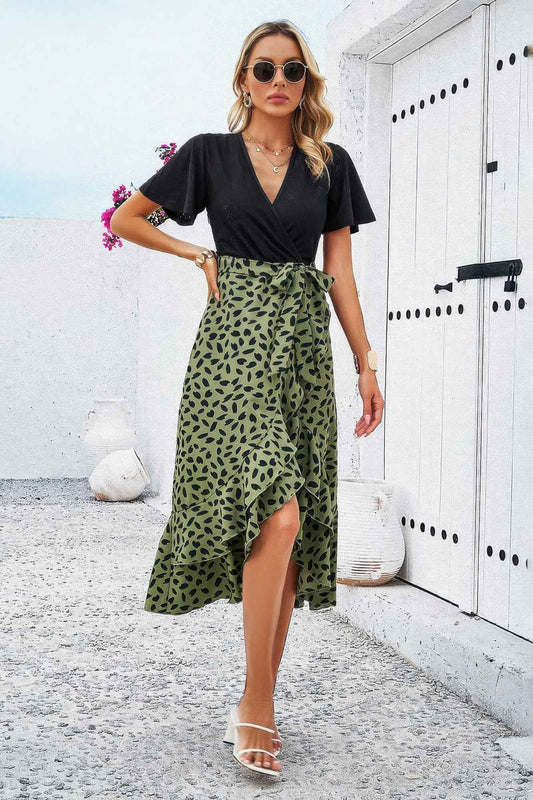 Cross Color Block Lace V Neck Belt Print Dress