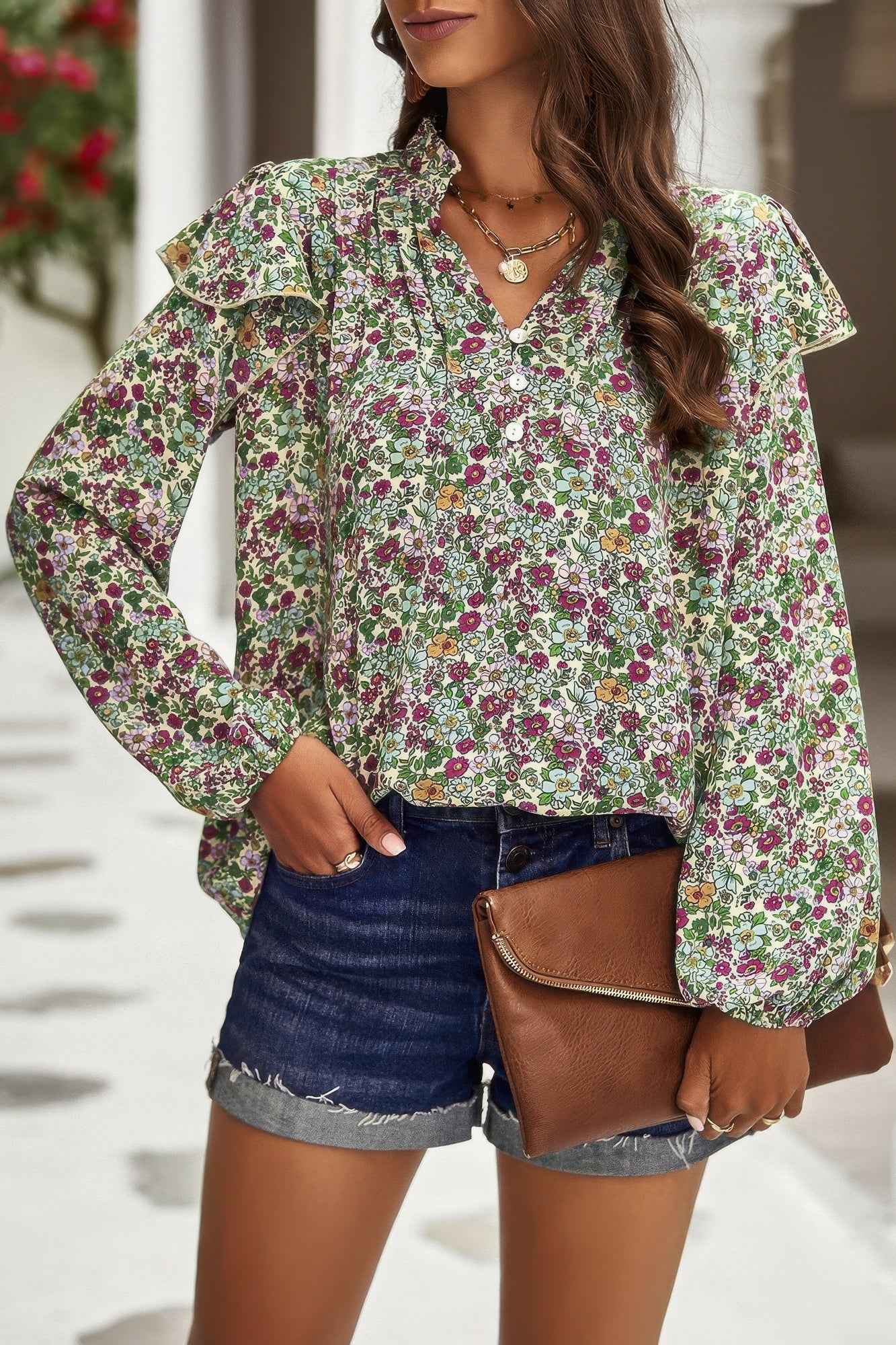 Floral V Neck Button Ruffle Long Sleeve Top
