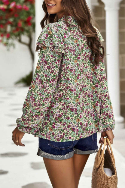 Floral V Neck Button Ruffle Long Sleeve Top