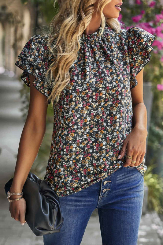 Floral Mock Neck Ruffle Short Sleeve Shirt