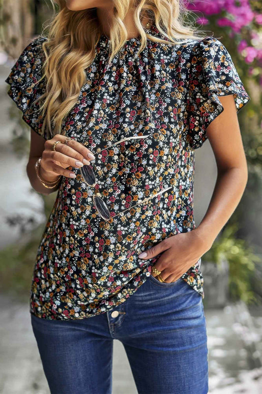Floral Mock Neck Ruffle Short Sleeve Shirt