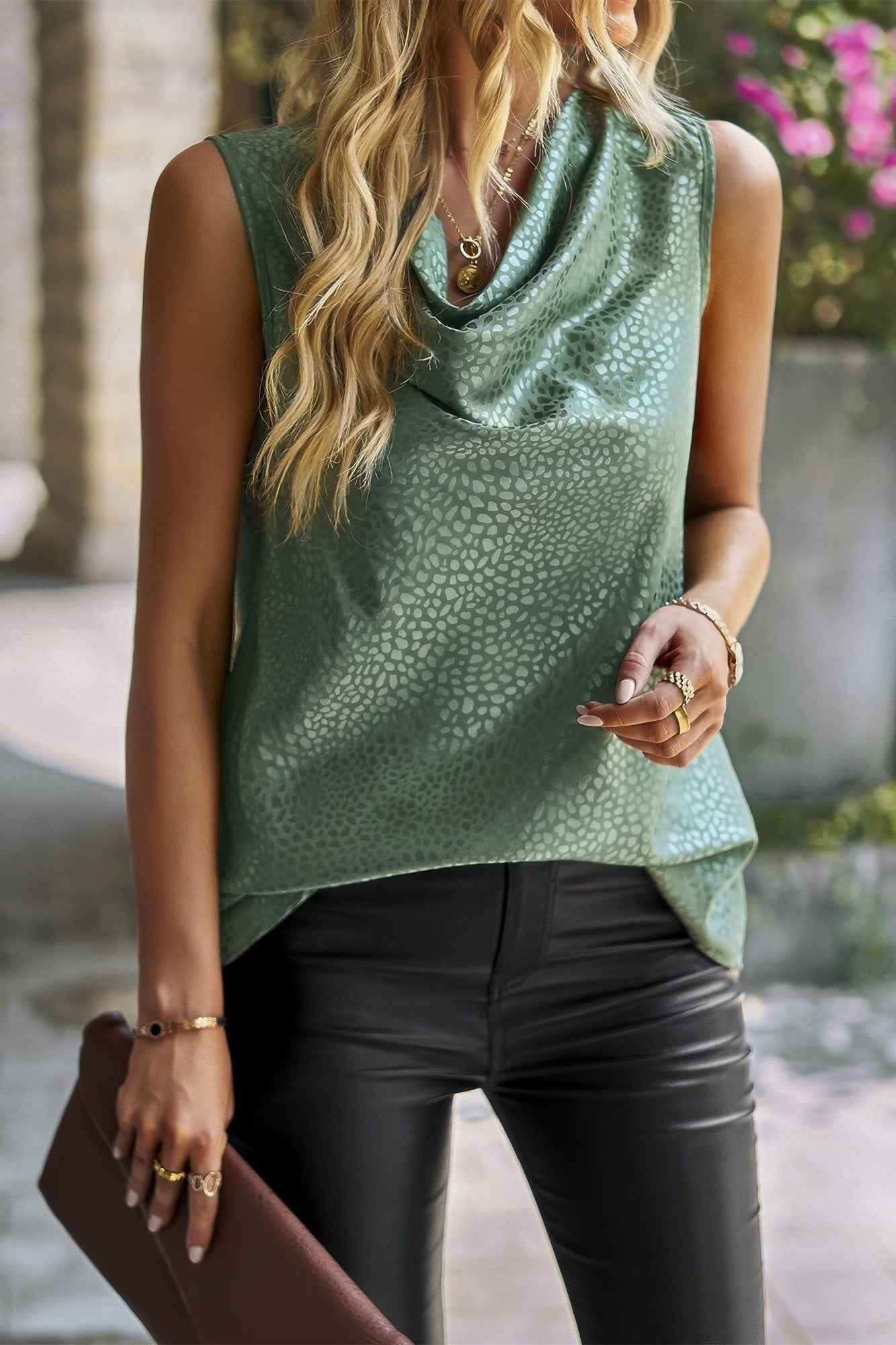 Animal Print Scarf Collar Sleeveless Loose Top