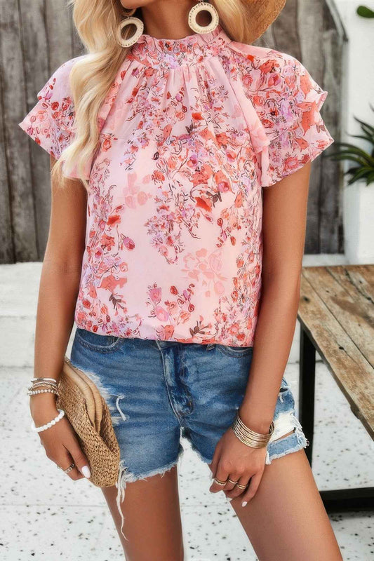Floral Printed Mock Neck Ruffle Sleeve Loose Blouse