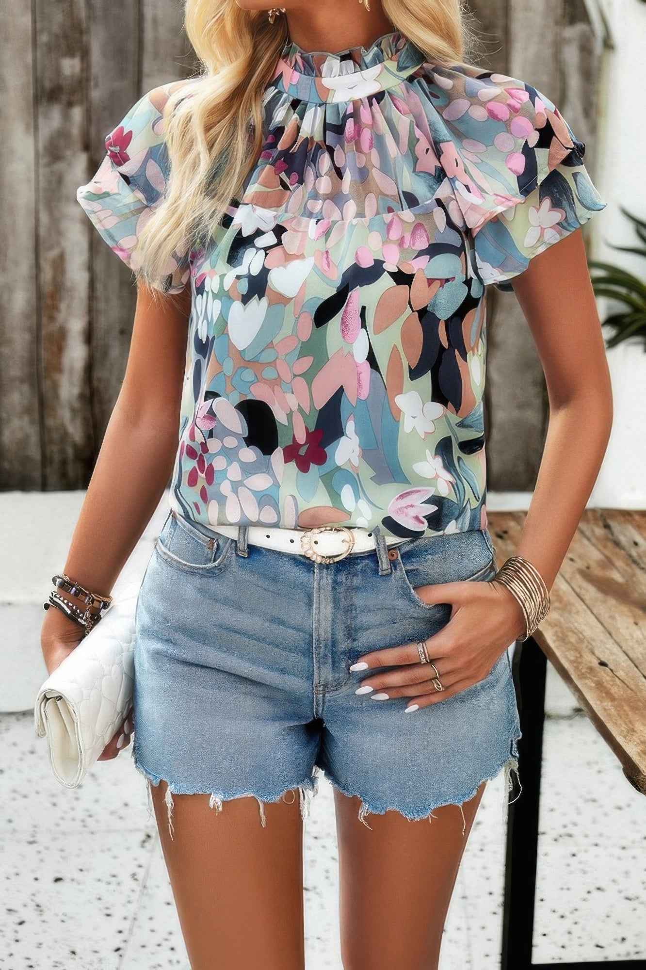 Floral Printed Mock Neck Ruffle Sleeve Loose Blouse