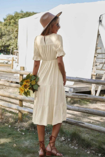 Flowy Pleated Short Sleeve Solid Midi Dress