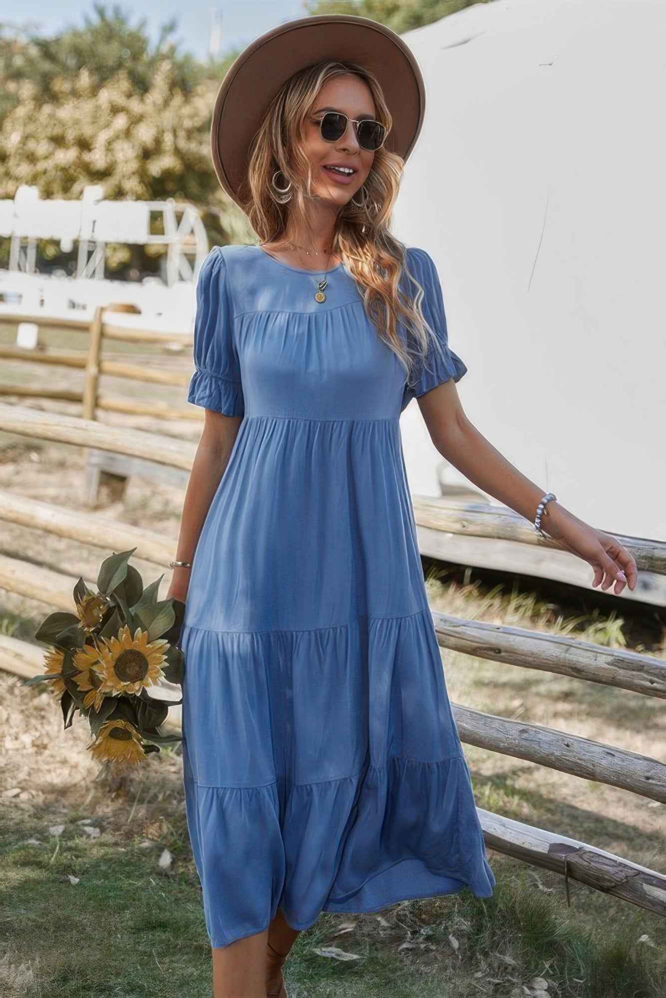 Flowy Pleated Short Sleeve Solid Midi Dress