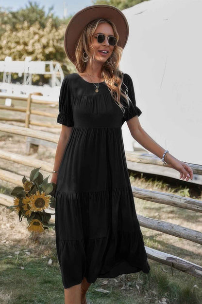 Flowy Pleated Short Sleeve Solid Midi Dress
