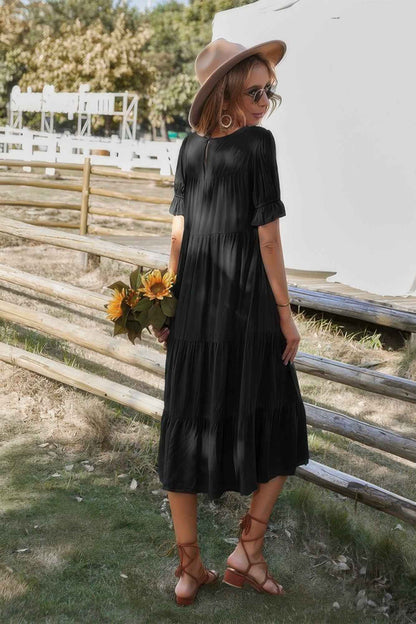 Flowy Pleated Short Sleeve Solid Midi Dress